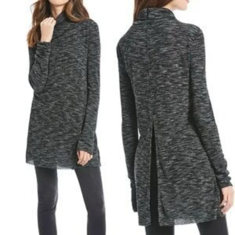 Free People women's large black‎ grey mock neck stonecold ribbed tunic top NWT